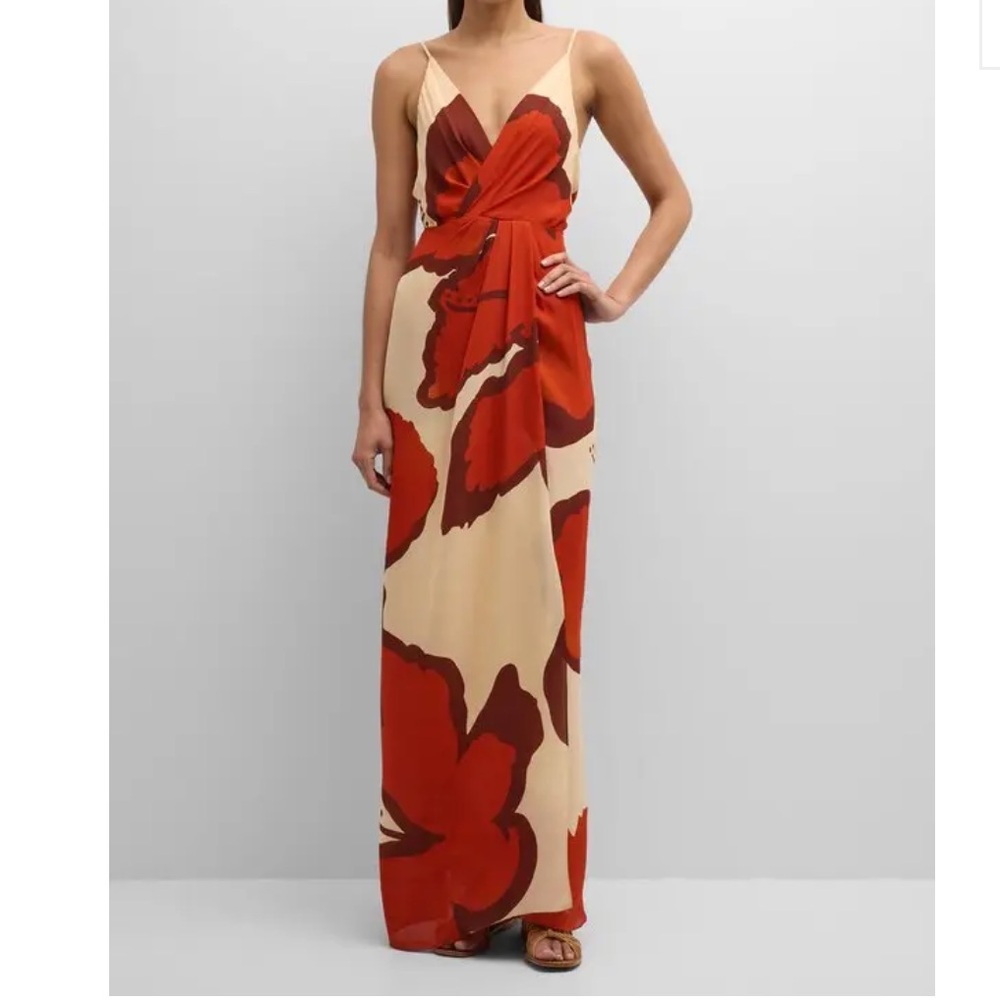 Johanna Ortiz Cream Maxi with Bold Red Floral Print and Twist Front